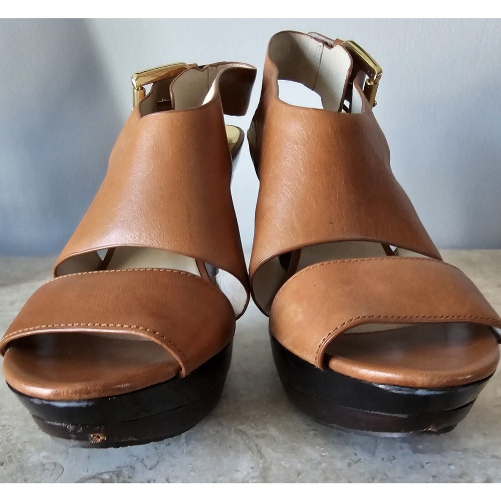 Michael Kors Womens Size 8 Luggage Tan Leather Open Toe Slingback Cone Heels - Picture 4 of 9